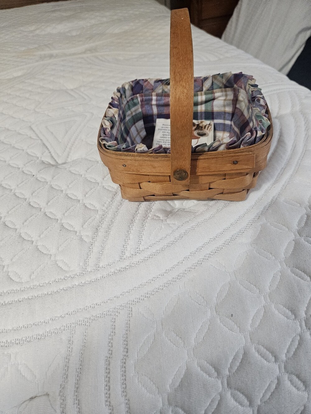 Longaberger Brown Wood Basket with Blue-Green Plaid Liner